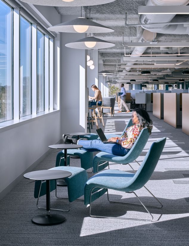 Interface WW870 carpet tile in office setting with windows and overhead lamps